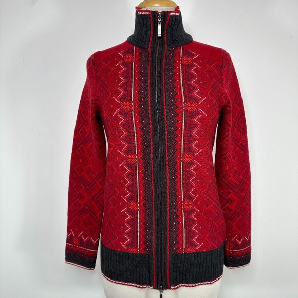 Eddie Bauer Nordic Fair Isle Ski Sweater Merino Wool Small Red Full-Zip Knit - Picture 1 of 13